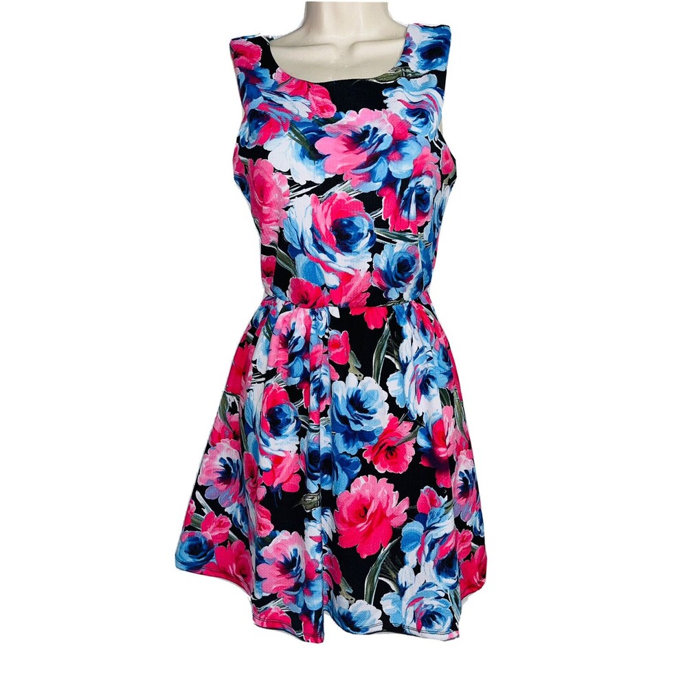 Mary McFadden Collection Black Pink Blue Floral Sleeveless Dress Size Small